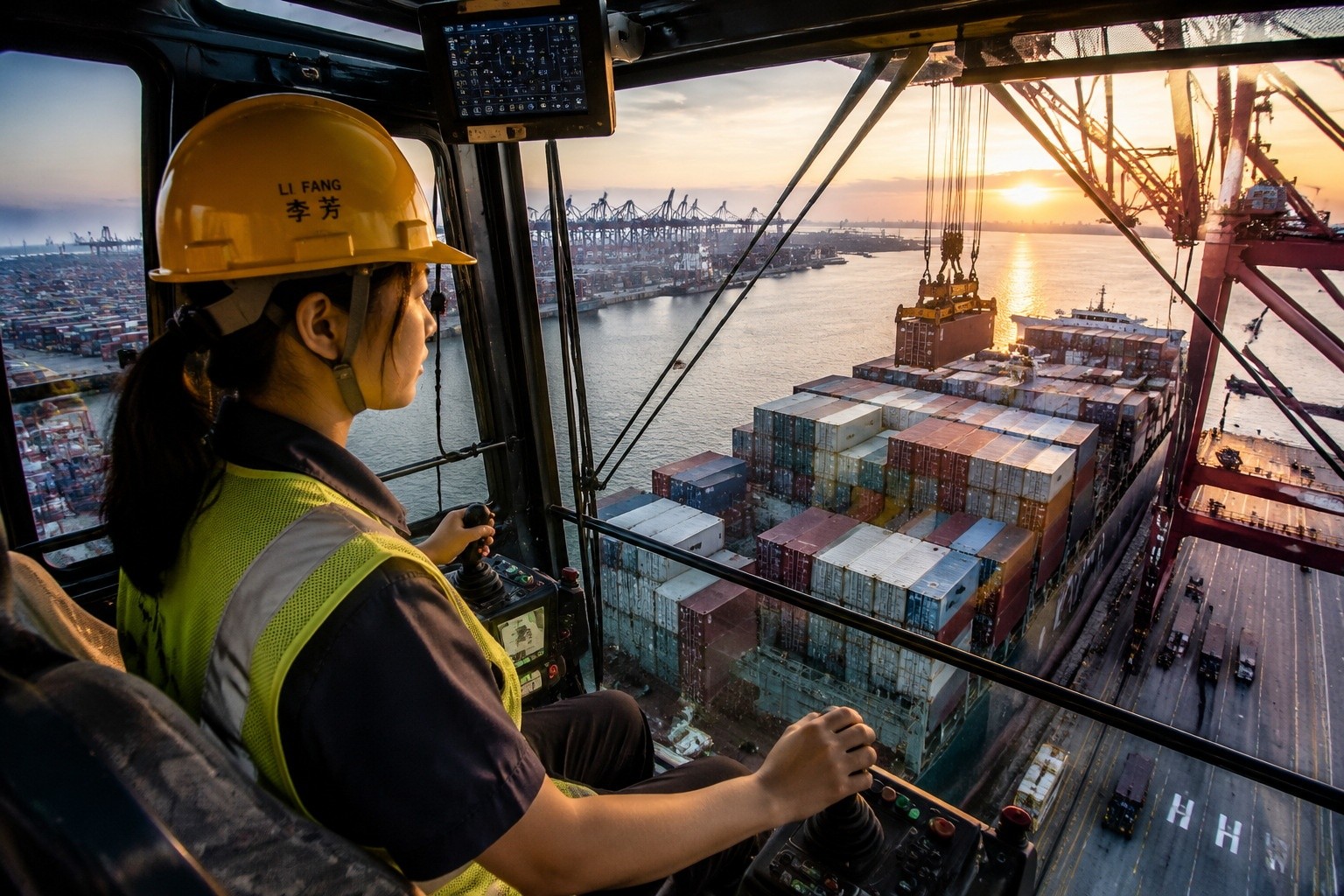 Female crane operator Li Fang controlling container loading from a high cab at a Chinese port terminal