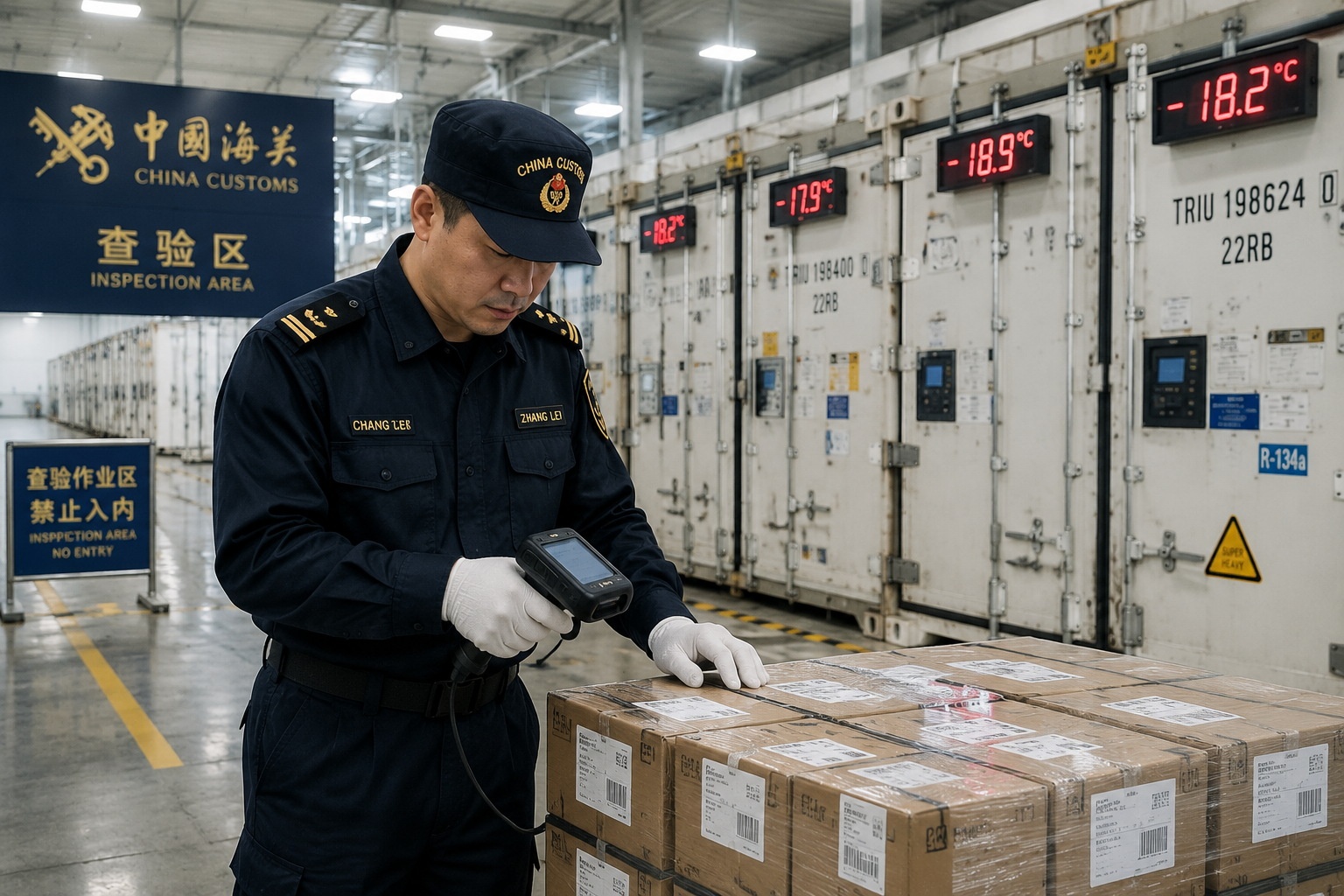 Customs officer Zhang Lei inspecting a shipment of electronics at a Chinese port cargo inspection area
