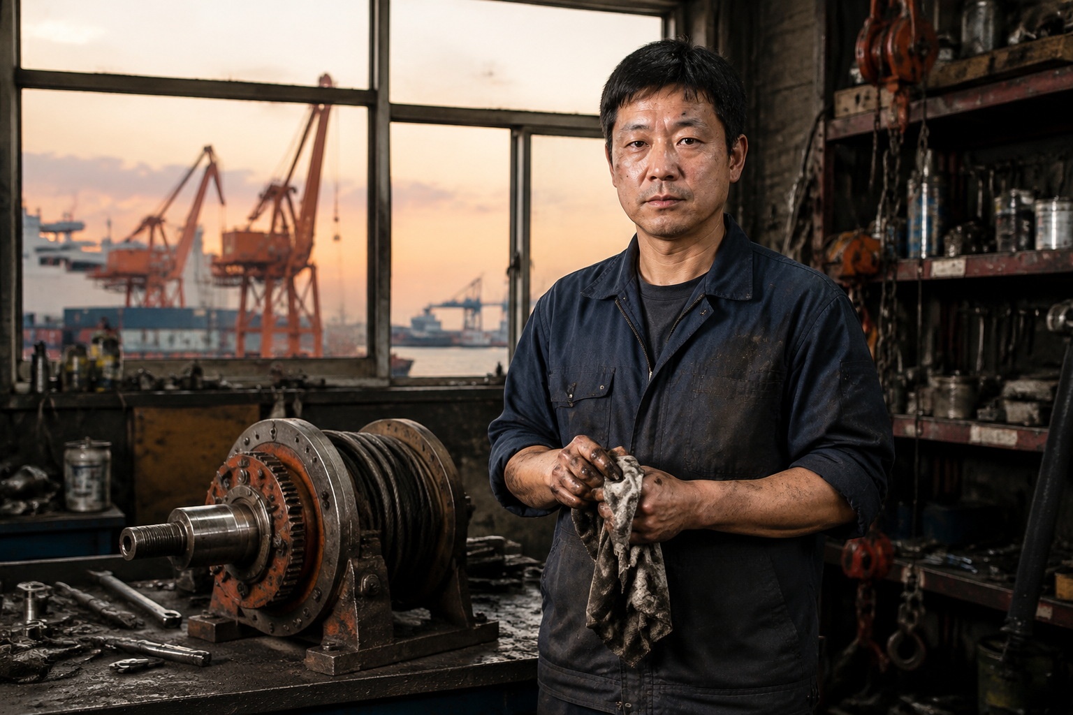 Port mechanic Wang Tao after repairing a gantry crane winch in a workshop at a Chinese port