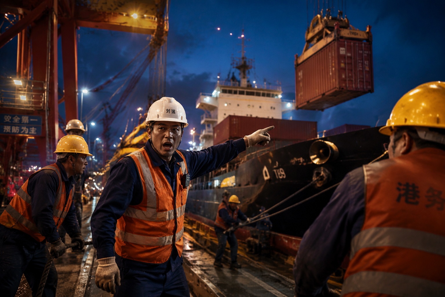 Stevedores working under floodlights at night to secure containers on a cargo ship at a Chinese port