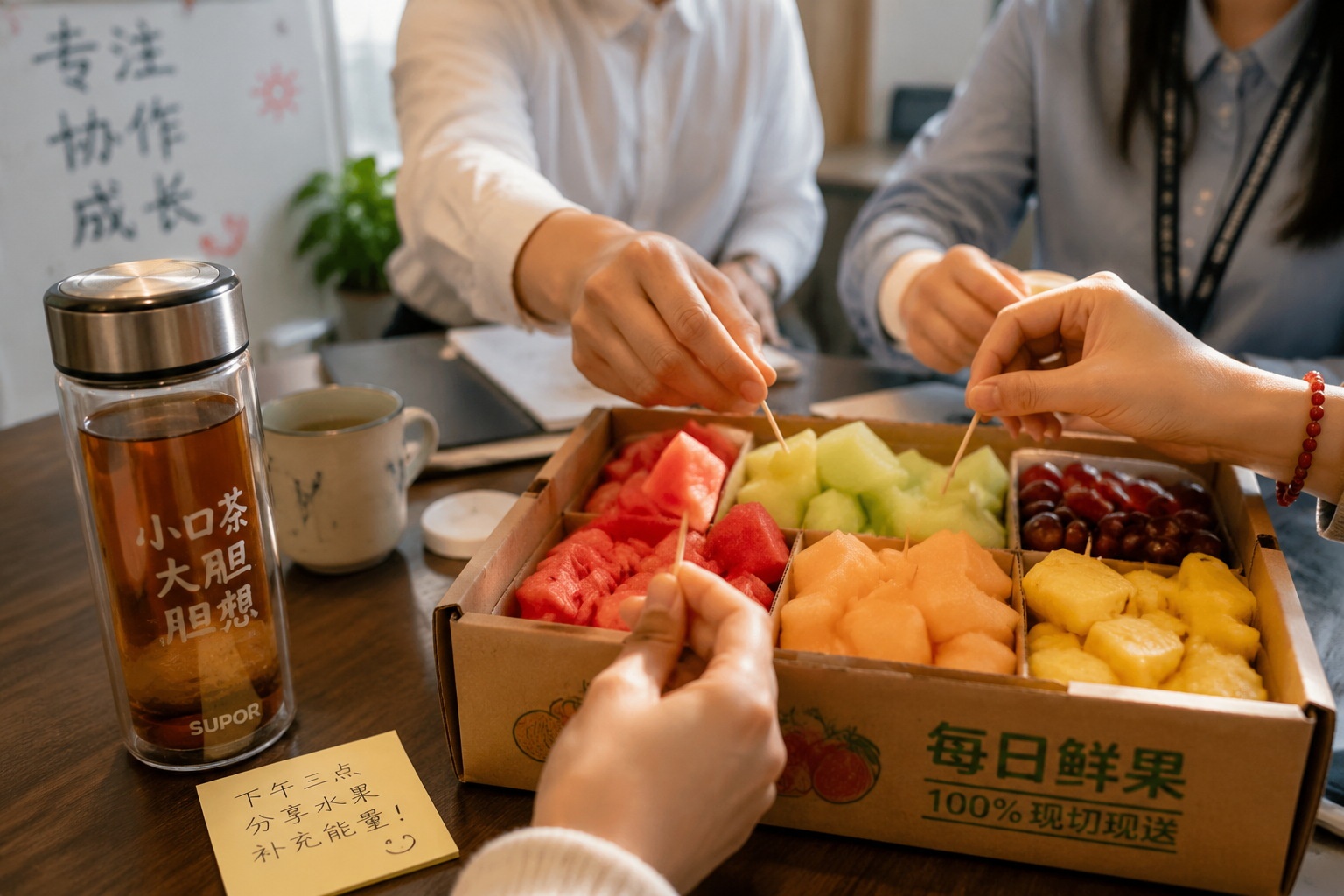 Colleagues sharing cut fruit in an office break room in China, a small act of care