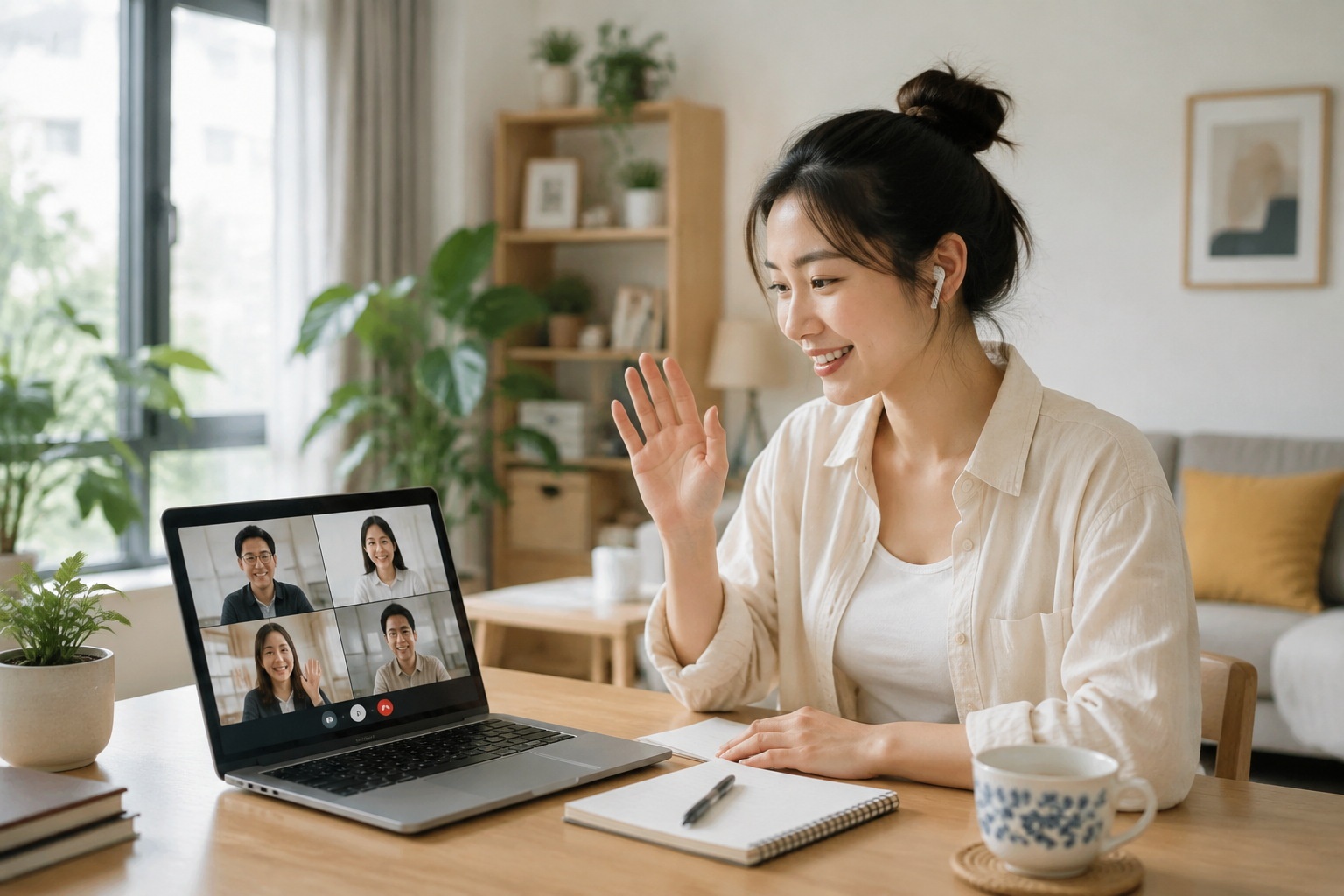 Young Chinese professional on a video call caring for her team remotely