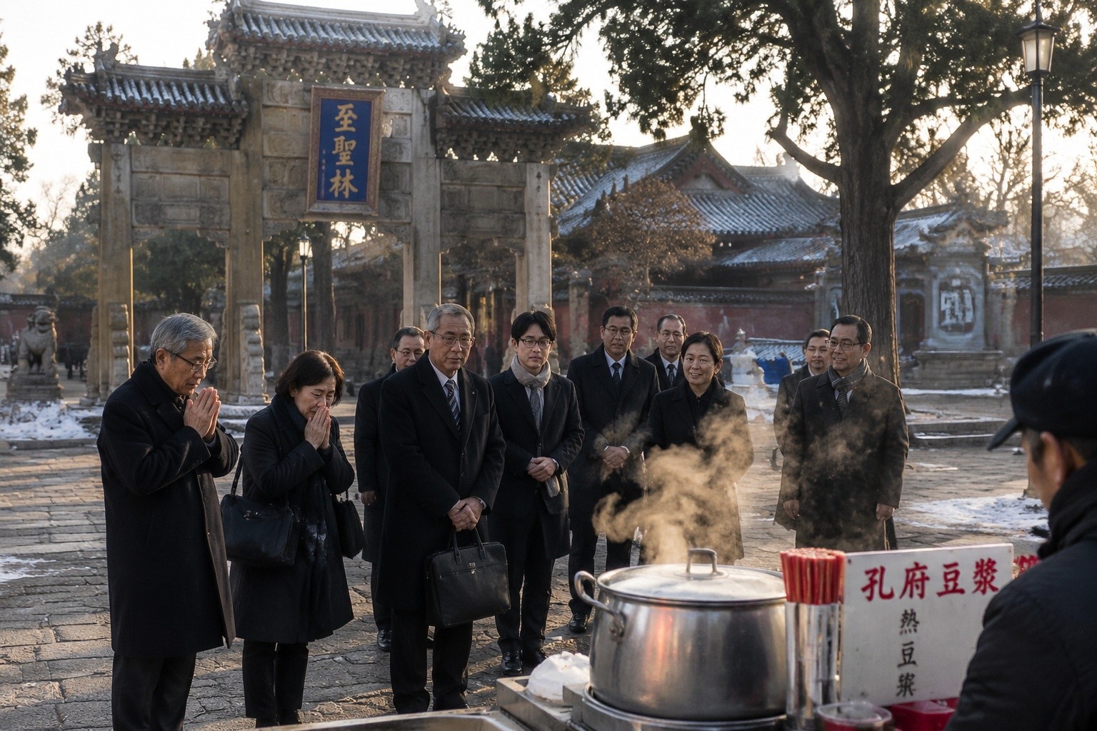 Japanese visitors in formal suits observing a Confucius ceremony at Qufu temple during Spring Festival