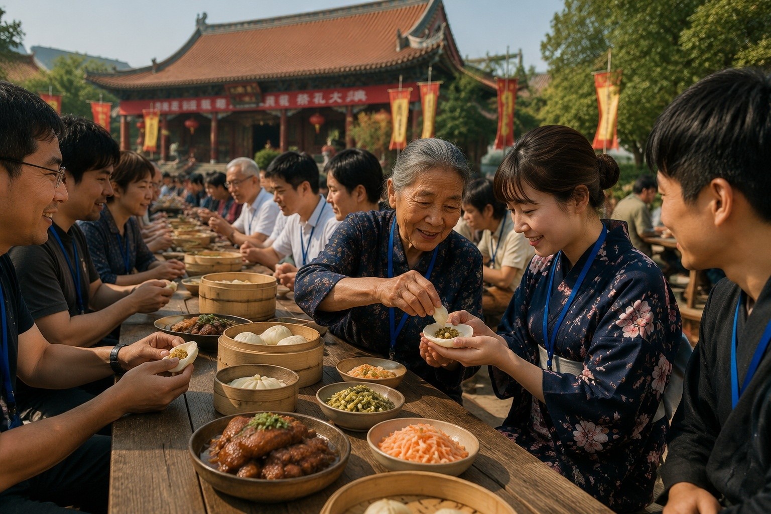 Local villagers and Japanese tourists sharing a blessing feast after the Spring Festival Confucius ceremony in Qufu