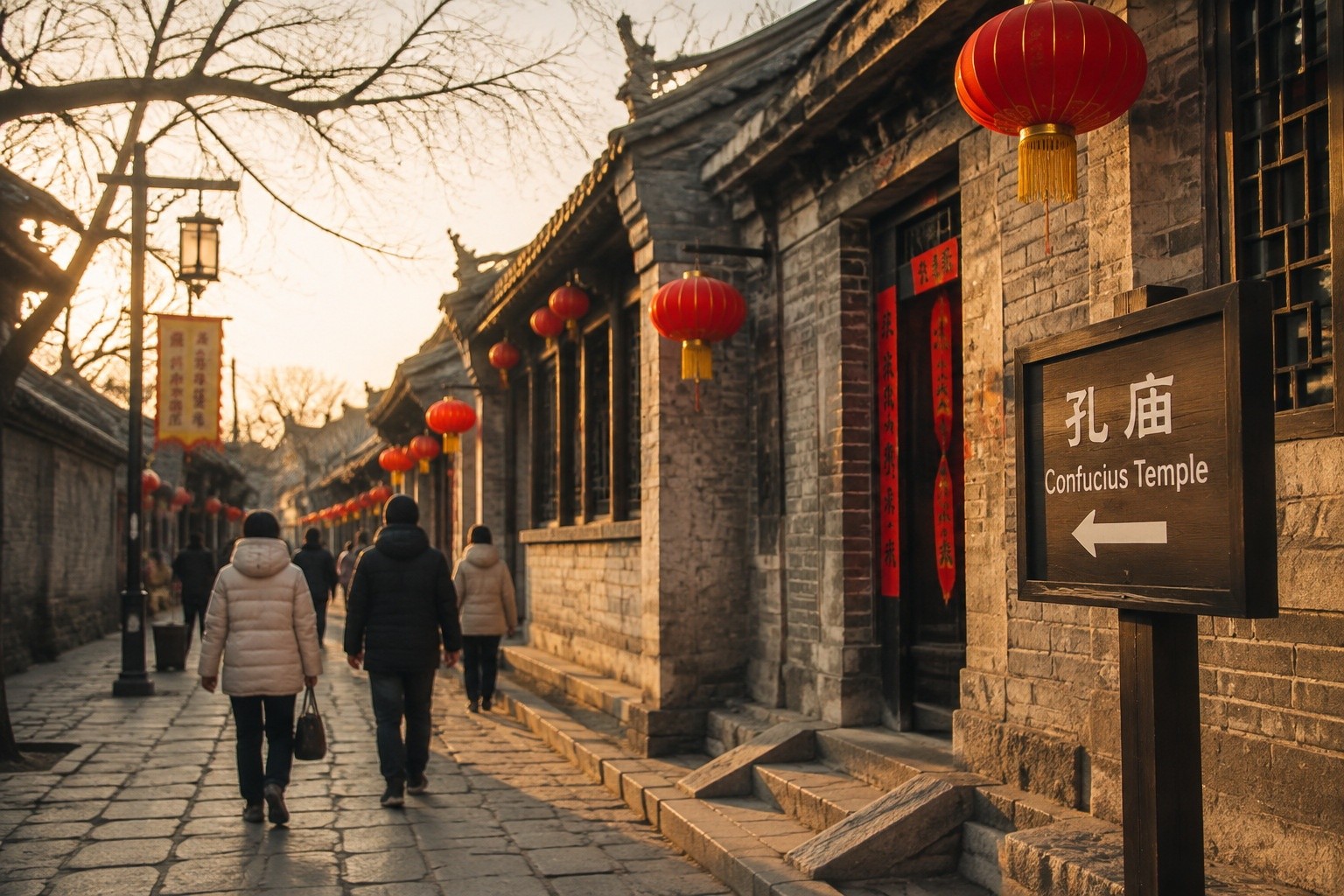 Quiet street in Qufu old town during Spring Festival with traditional architecture and red lanterns