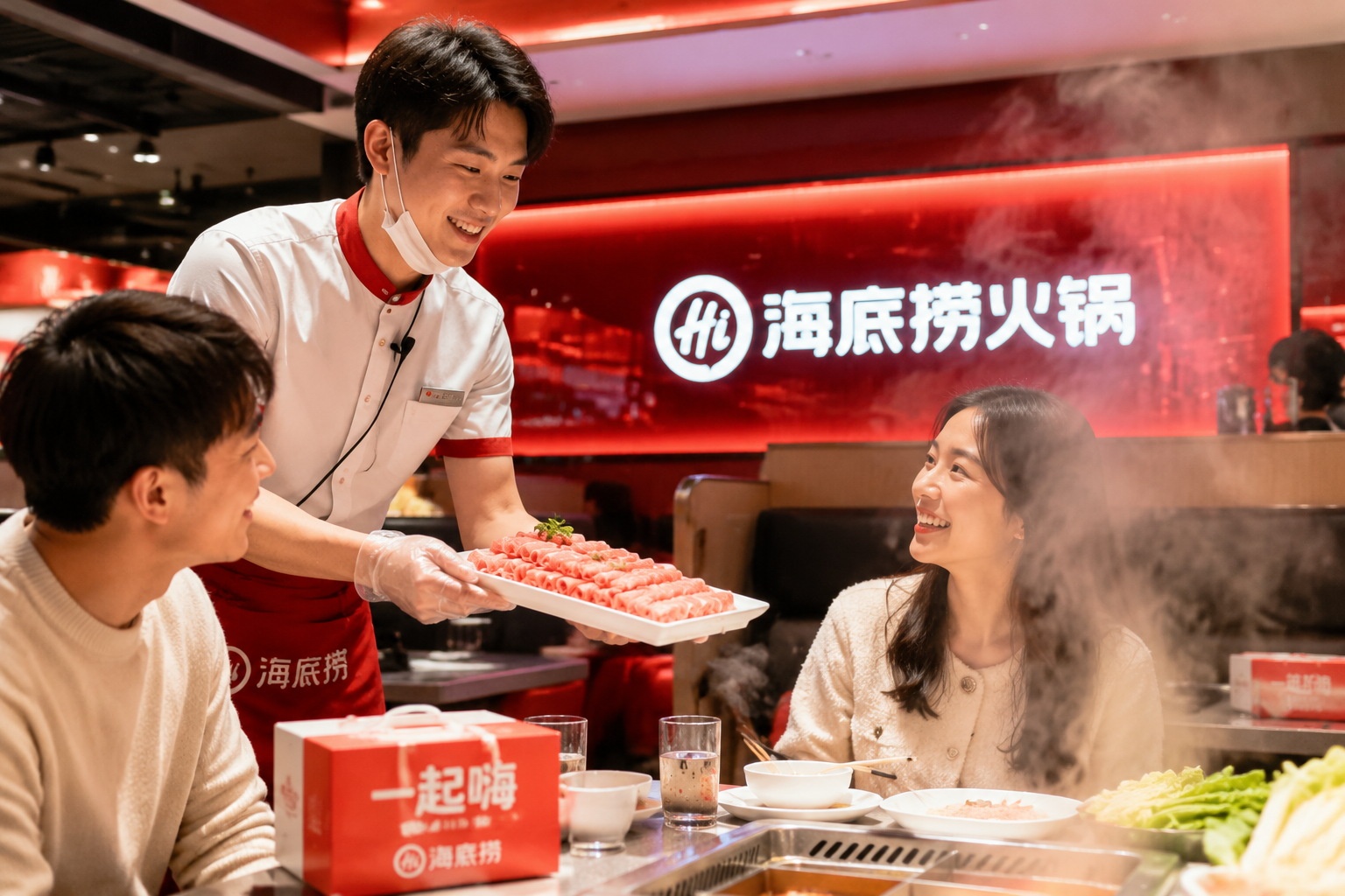 A Haidilao waiter serves customers at a hot pot table, steam rising from the bubbling broth, smiling faces in a busy Chinese restaurant.