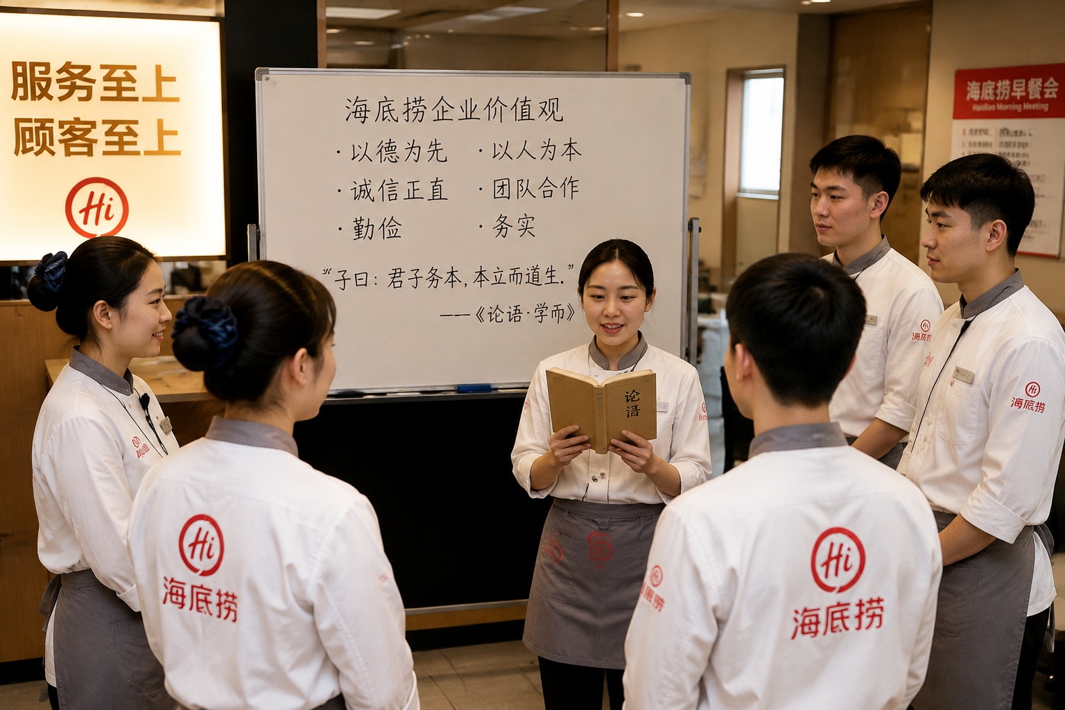 Haidilao employees gather for a morning meeting, one reads from the Analects of Confucius as part of their cultural training.
