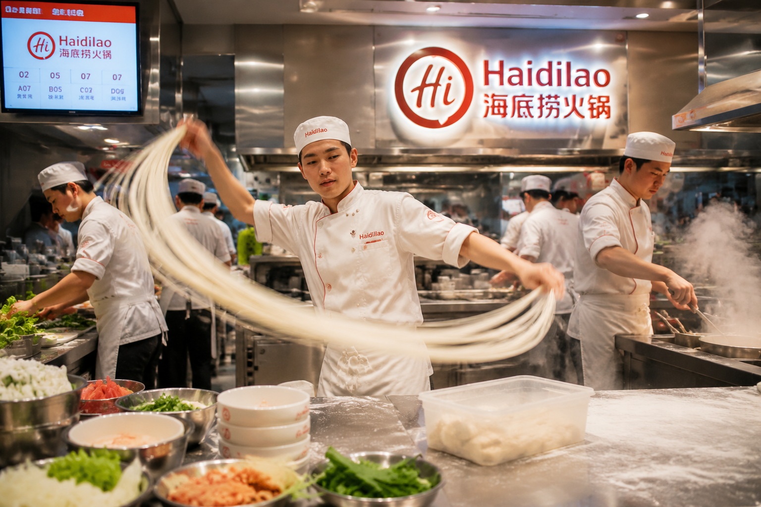 A chef at Haidilao performs the famous noodle-pulling dance in the open kitchen, customers watch and clap.