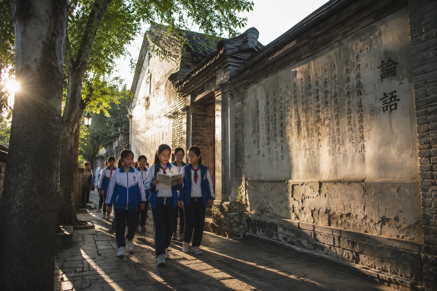 Schoolchildren walking through a narrow alley in Qufu, China, with one holding a book open, possibly reciting the Analects, surrounded by old trees and traditional architecture.