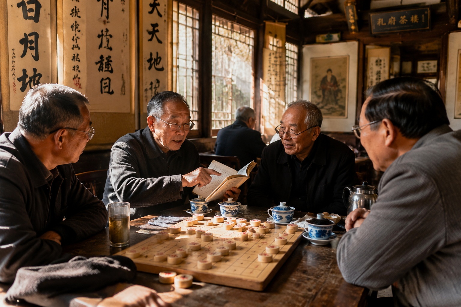 Elderly retired men playing Chinese chess and discussing Confucian texts in a traditional tea house in Qufu, China, with calligraphy scrolls on the wall.