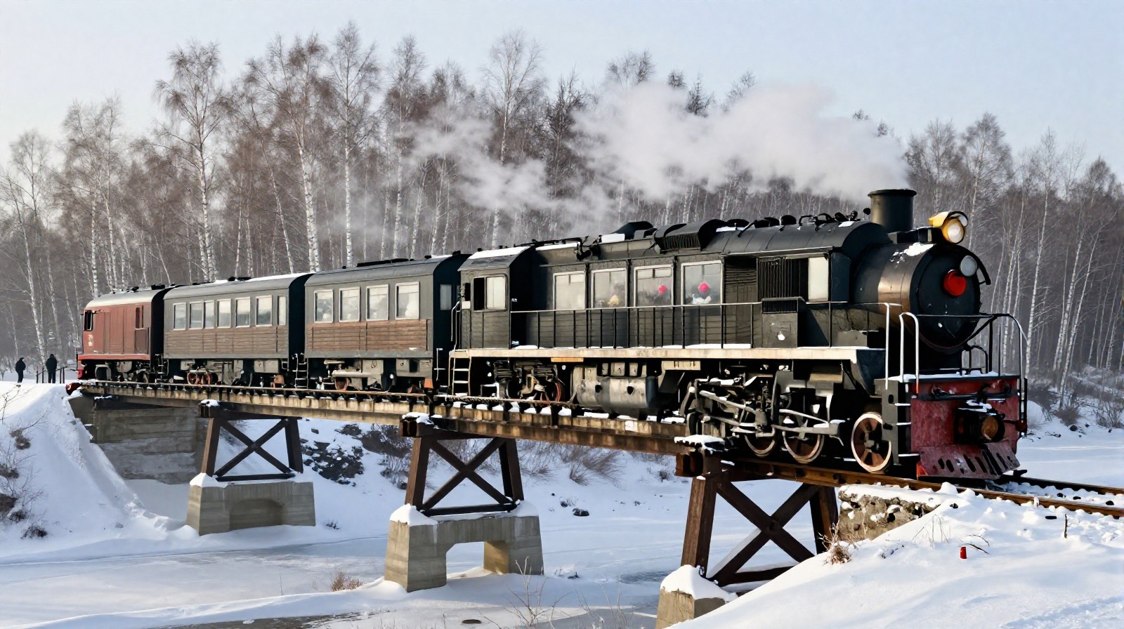Steam train crossing a snowy bridge on the way to Mohe, Heilongjiang, China