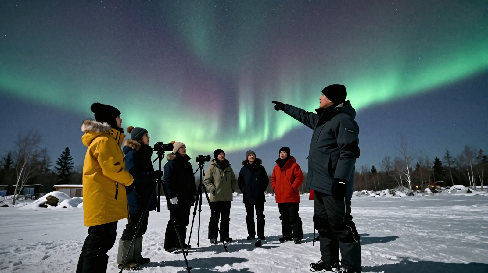 Mohe local guide explaining aurora forecast to tourists under a faint green aurora