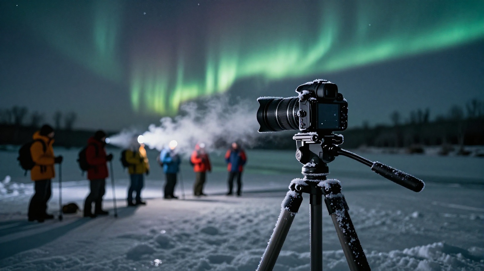 Camera on tripod on frozen Mohe River at night waiting for aurora