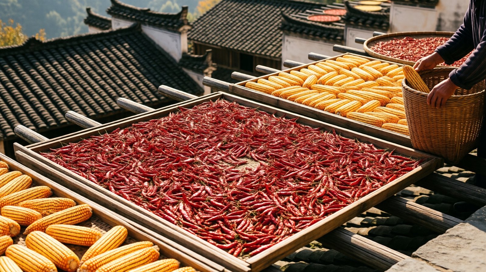 Villagers dry chili peppers and corn on wooden racks on a traditional Huizhou roof in Huangling, Wuyuan.