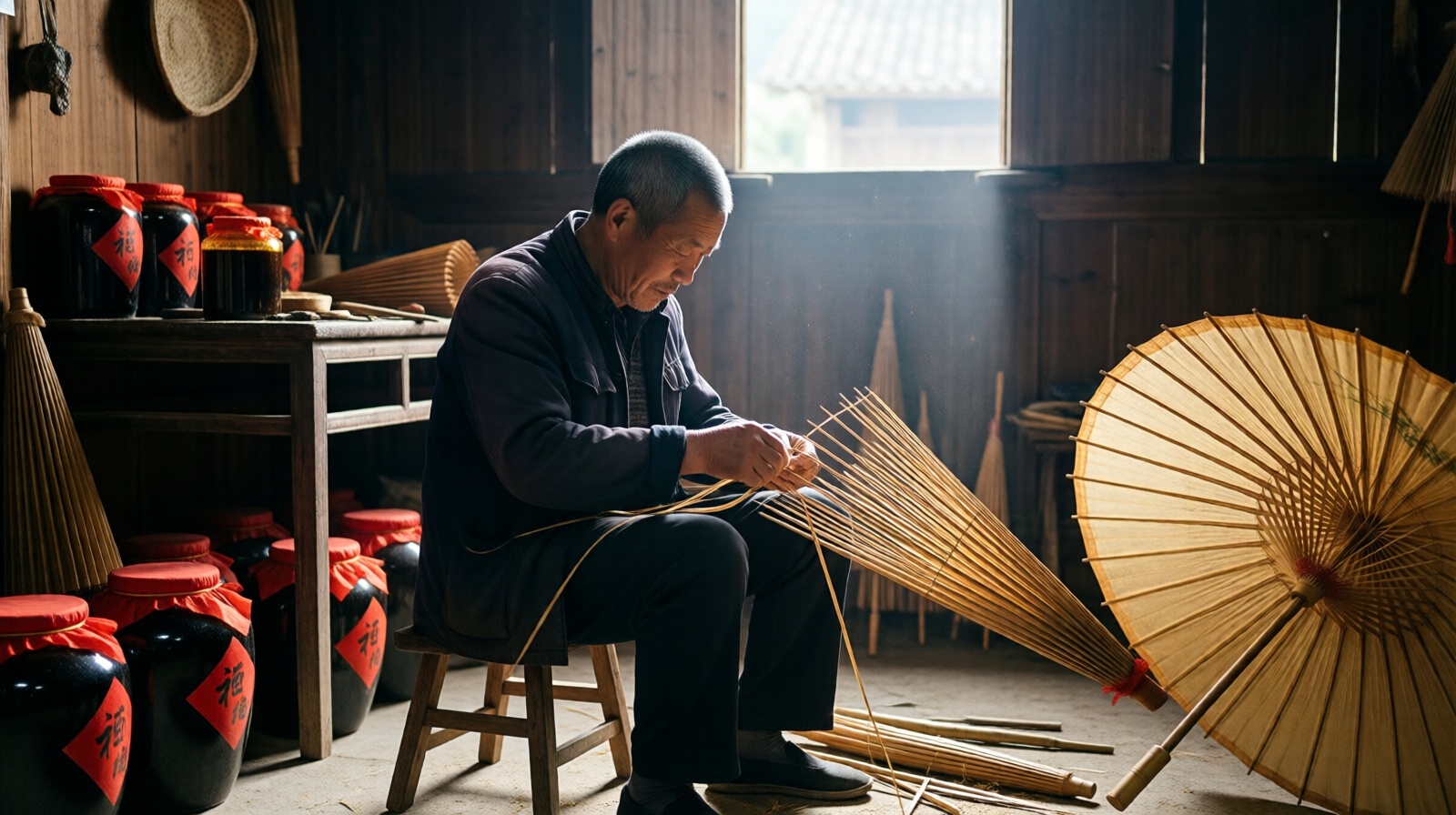 An elderly craftsman makes oil-paper umbrellas in a small workshop in Wangkou, Wuyuan.
