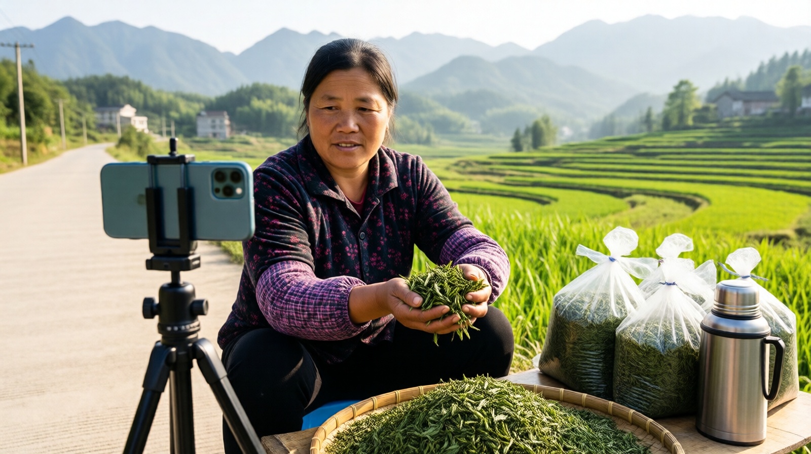 A tea farmer live-streams from her roadside stall near Likeng, Wuyuan, to sell local green tea.