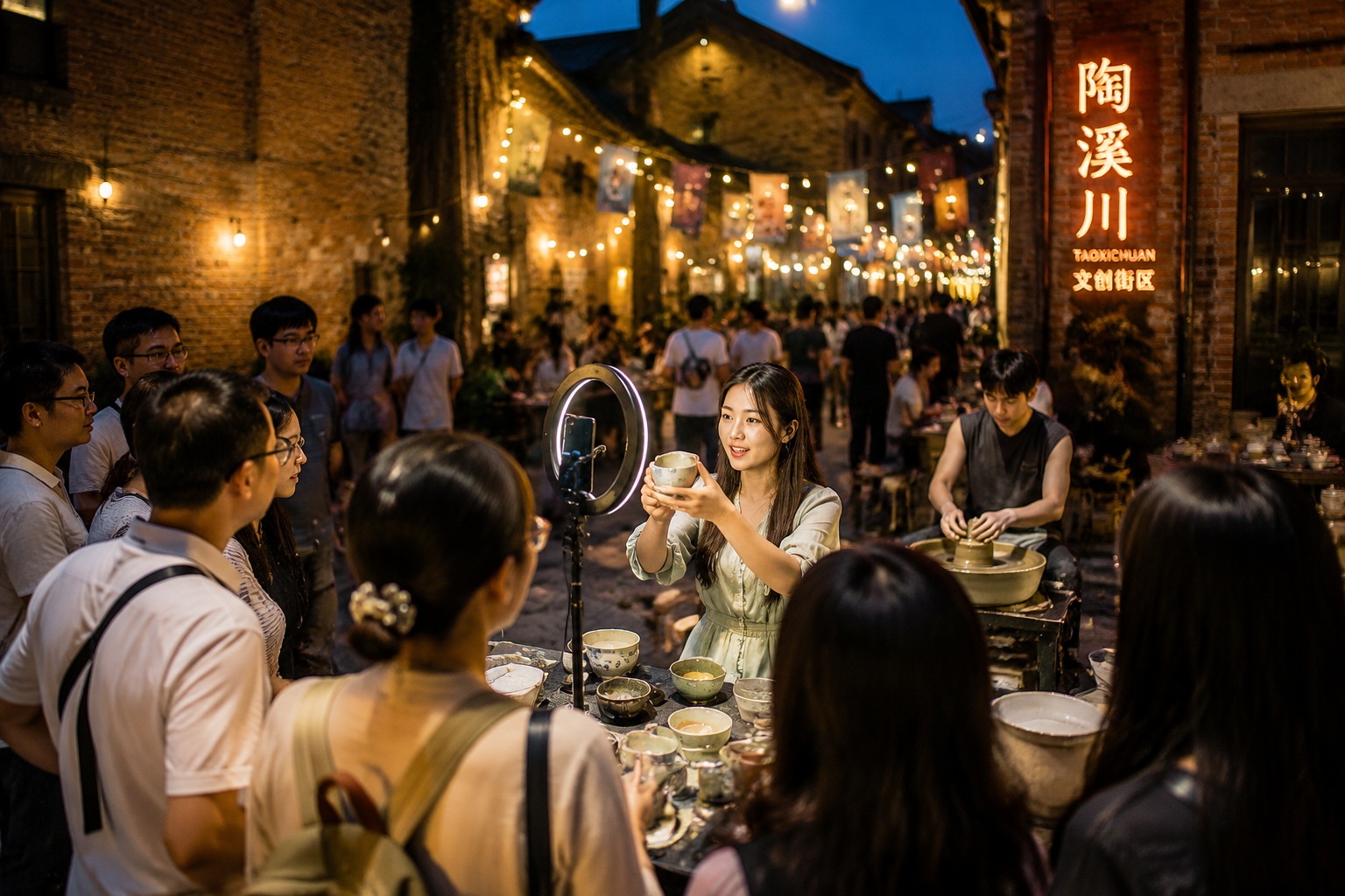 Live streamer selling ceramic tea bowls at a night market in Jingdezhen's Taoxichuan art district.