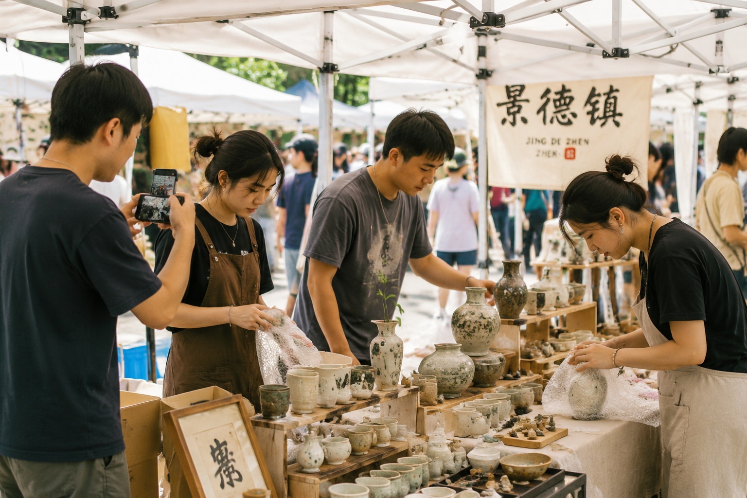 Young potters at a weekend market in Jingdezhen, one of them recording the stall with a smartphone for online promotion.
