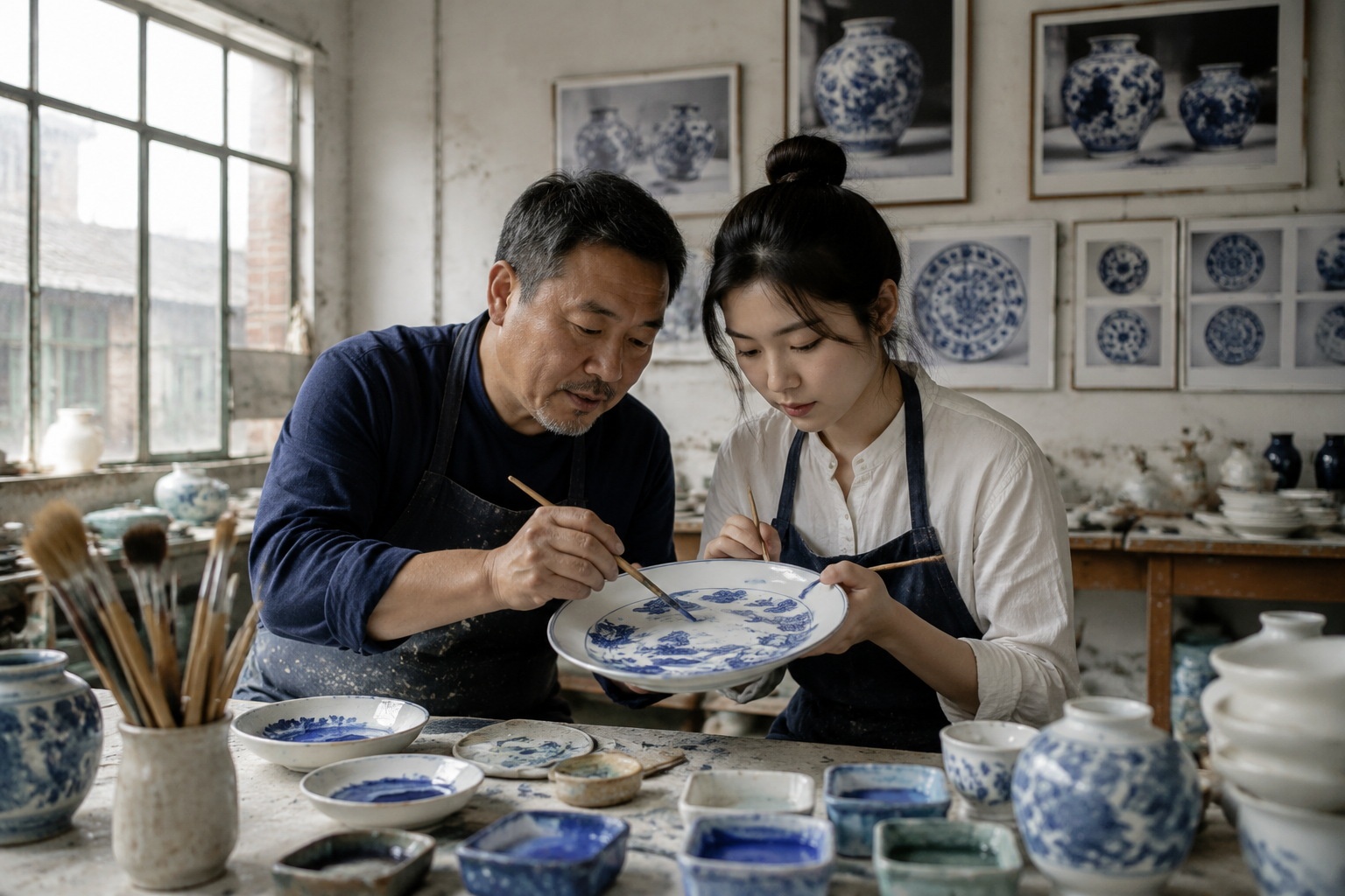 An experienced ceramic painter and a young apprentice working on blue-and-white porcelain in a Jingdezhen studio.