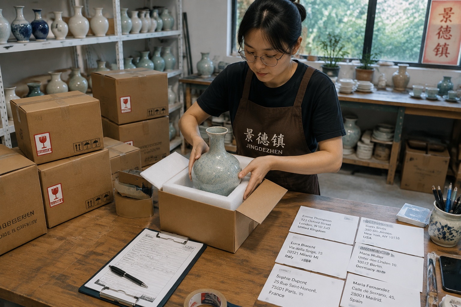 Packing a handmade ceramic vase for online international delivery in a Jingdezhen workshop.