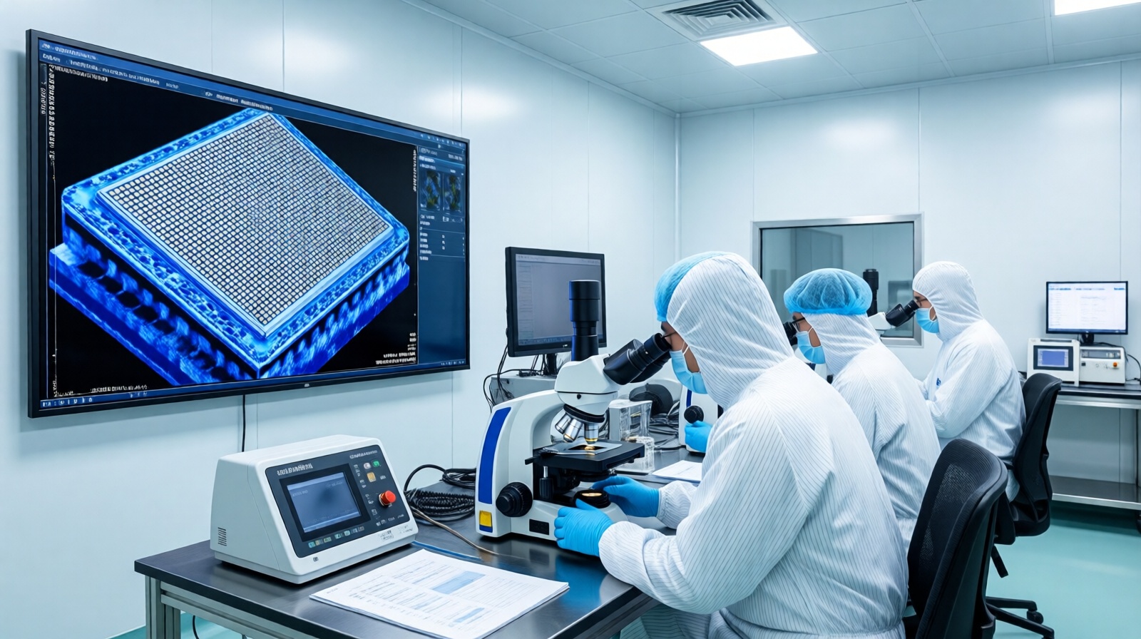 Engineers inspect a high-efficiency solar cell wafer under a microscope in a Changzhou R&D laboratory.