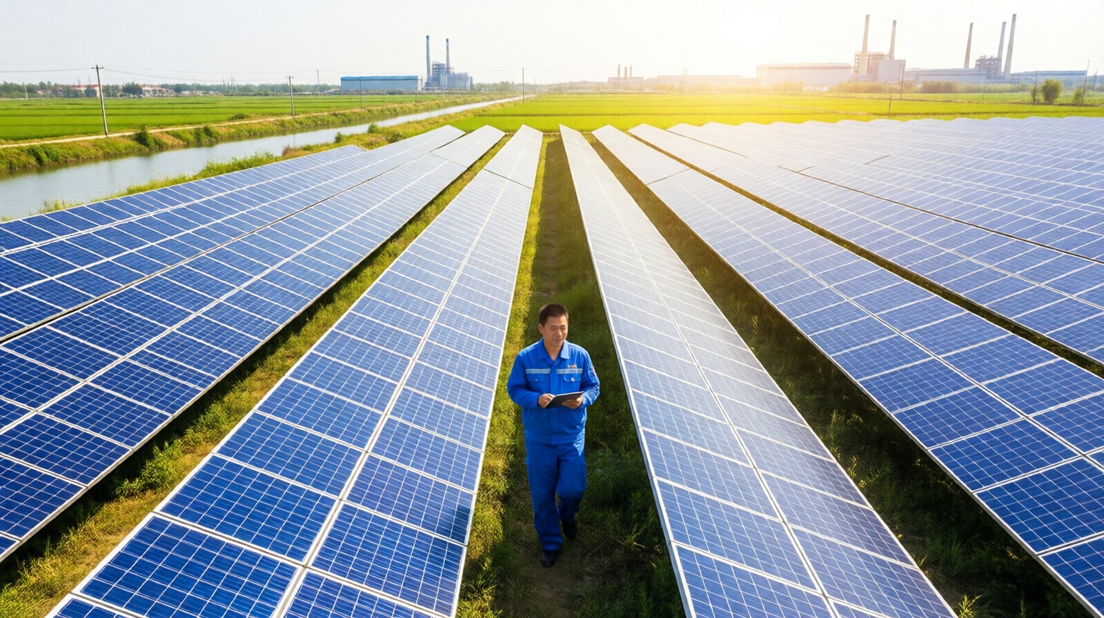 A worker inspects a large solar farm in rural Jiangsu with photovoltaic panels stretching into the distance.
