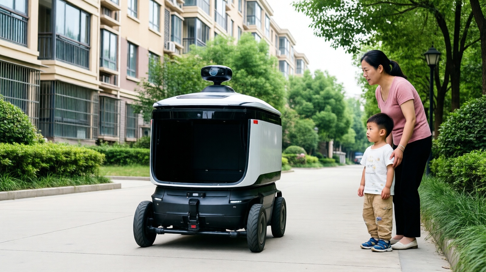 A delivery robot moves along a residential sidewalk in Kunshan while a mother and child watch