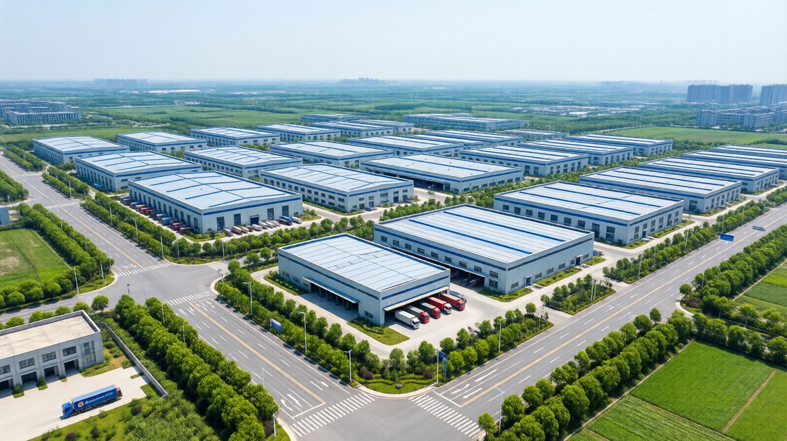 Aerial view of the Kunshan Robot Industrial Park with factory buildings and logistics trucks