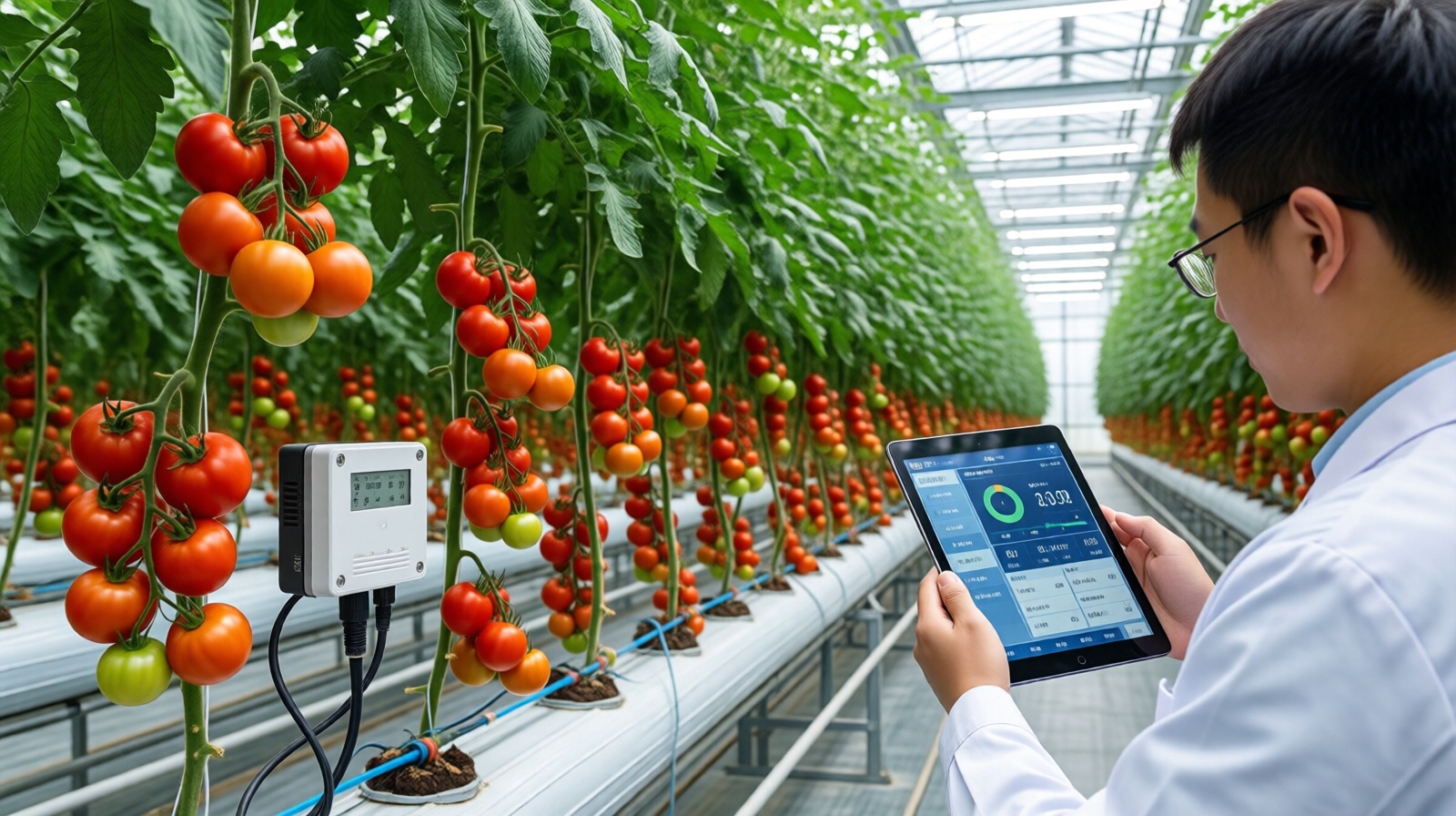 Smart greenhouse in Shandong with tomato plants, sensors, and an agronomist checking data on a tablet