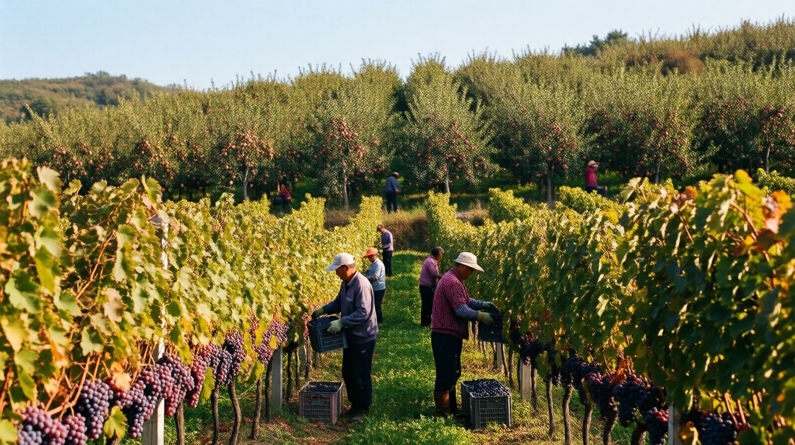 Harvest scene in Yantai, China, showing vineyard workers picking wine grapes in the foreground and an apple orchard with red apples in the background.