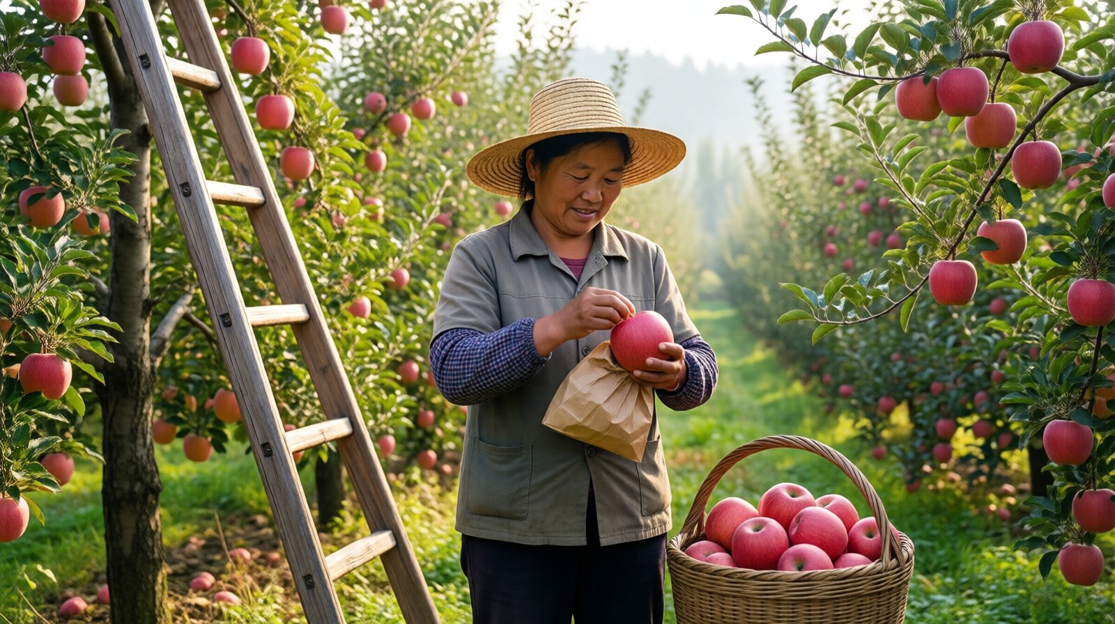 A Chinese fruit farmer in Qixia, Yantai, uncovering a ripe Fuji apple by peeling off its protective paper bag in a sunlit orchard.