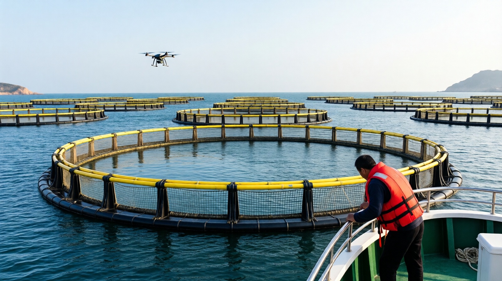 Fisherman inspecting yellow circular fish cages in the sea off Yantai, Shandong, with a monitoring drone above.