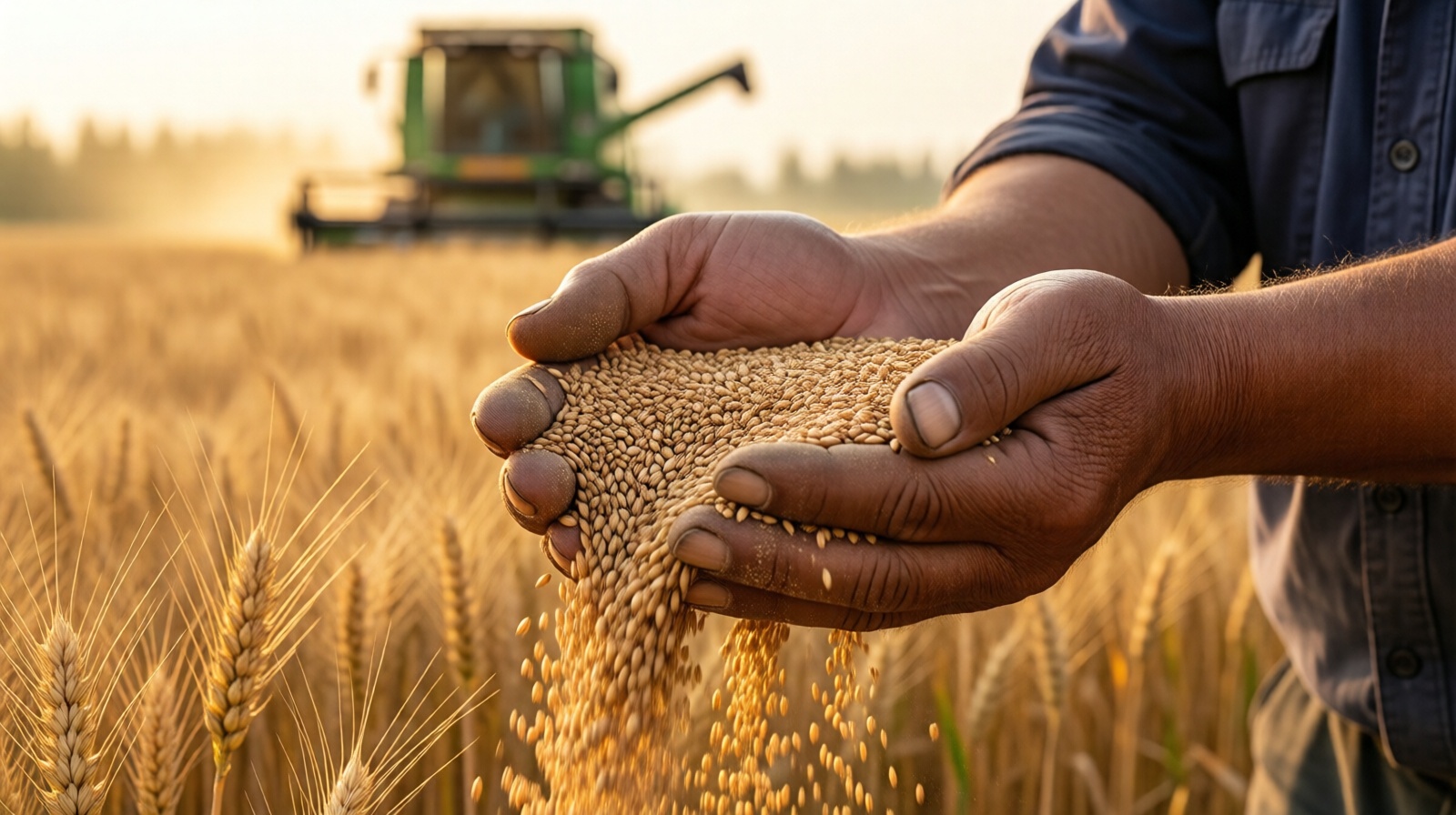 A Chinese farmer in Henan holds a handful of freshly harvested wheat kernels, checking their quality during the summer harvest.