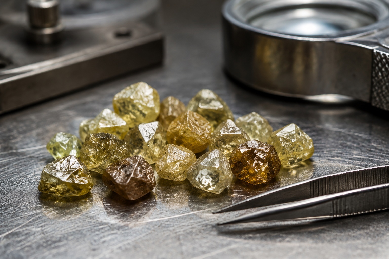 Close-up of rough synthetic diamond crystals produced in a Henan factory, before sorting and cutting.