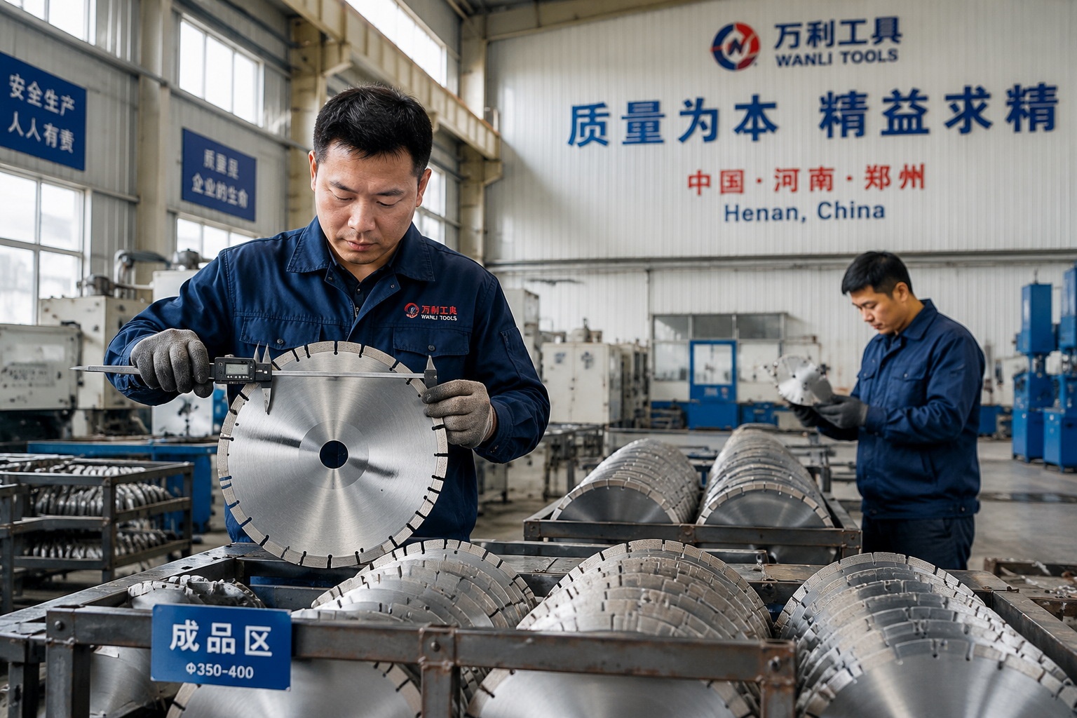 Workers inspecting diamond-tipped circular saw blades at a Henan cutting tool factory.