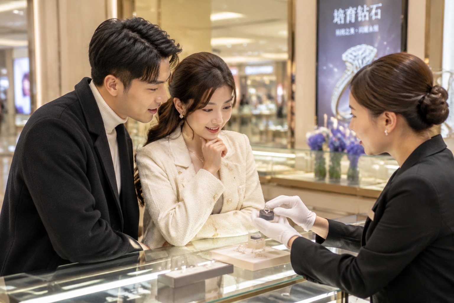 Young couple viewing lab-grown diamond rings in a jewelry store, a growing segment of Henan's synthetic diamond industry.
