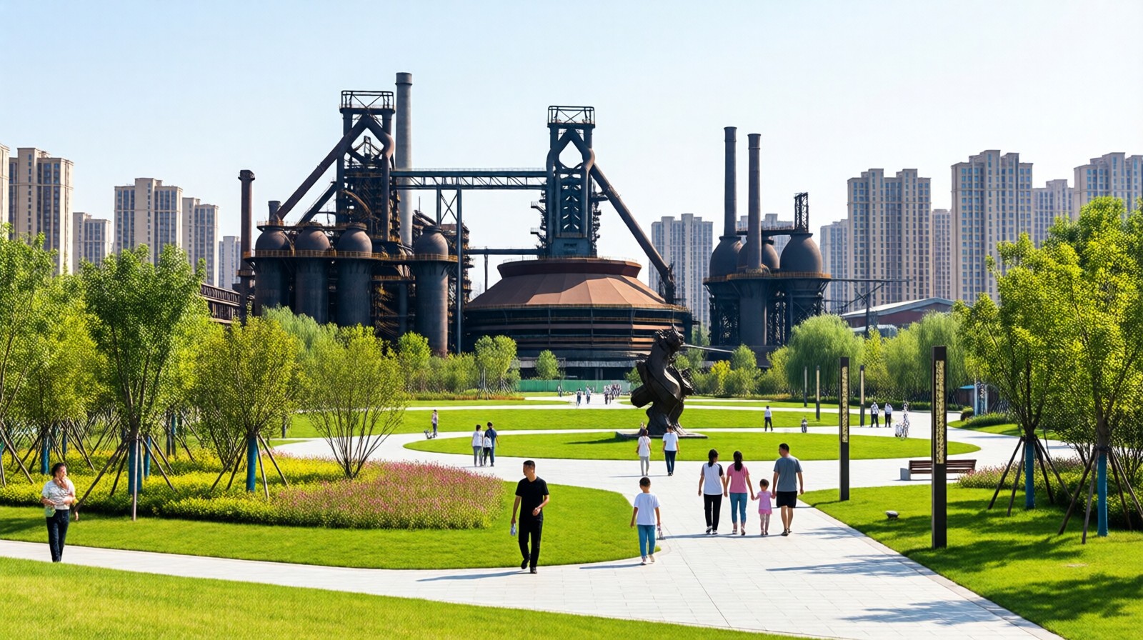Tangshan park built on former steel mill site with preserved industrial structures