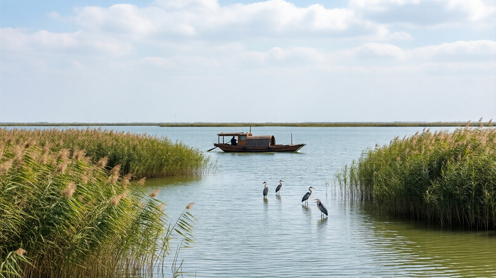 Baiyangdian wetland in northern China with birds and reeds