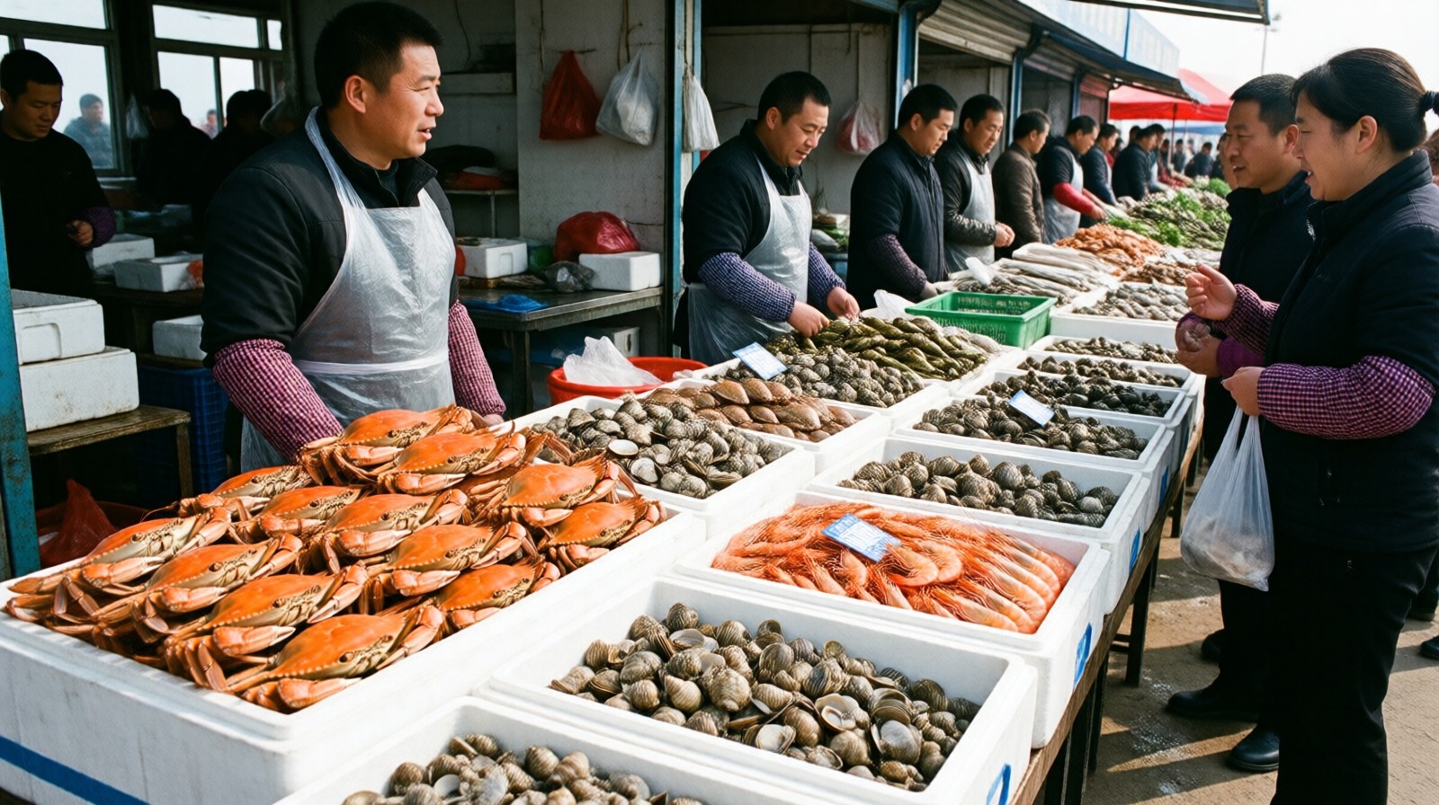 Vendors selling fresh seafood at the Beidaihe pier market