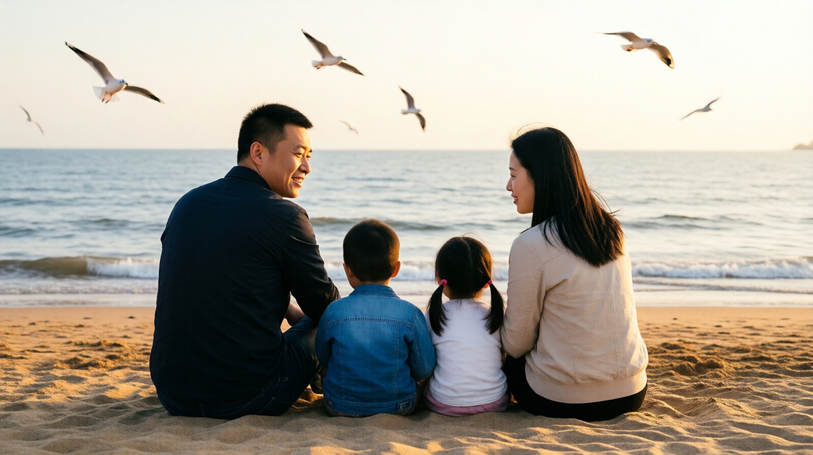 Family enjoying sunset at Beidaihe beach