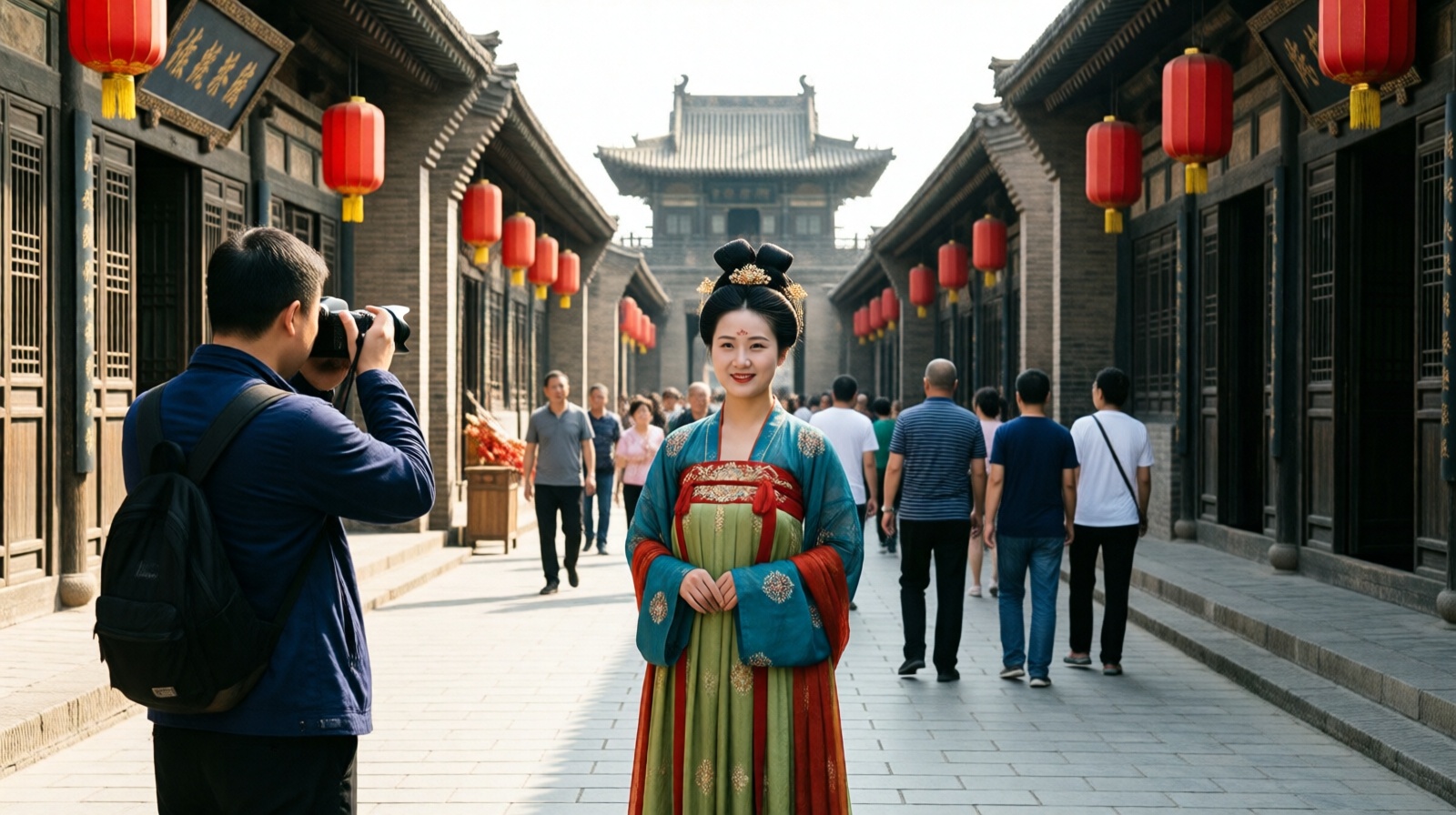 Tourist in traditional Ming dynasty clothing takes photos in Pingyao ancient city