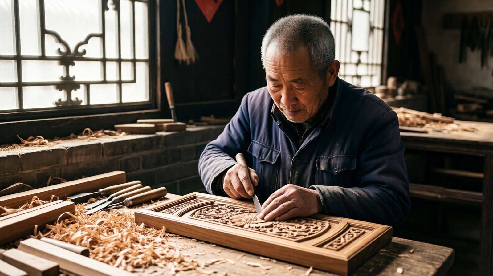 Aging craftsman carving wooden panel in Pingyao workshop