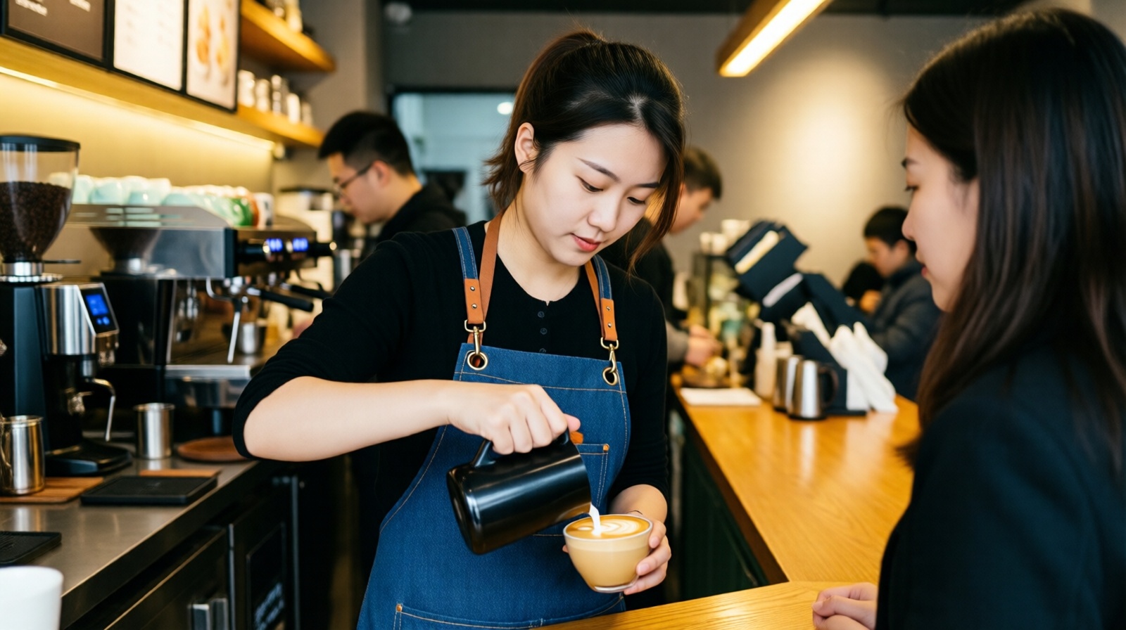 Young Chinese barista making coffee in a modern Taiyuan cafe, a symbol of new careers in Shanxi.