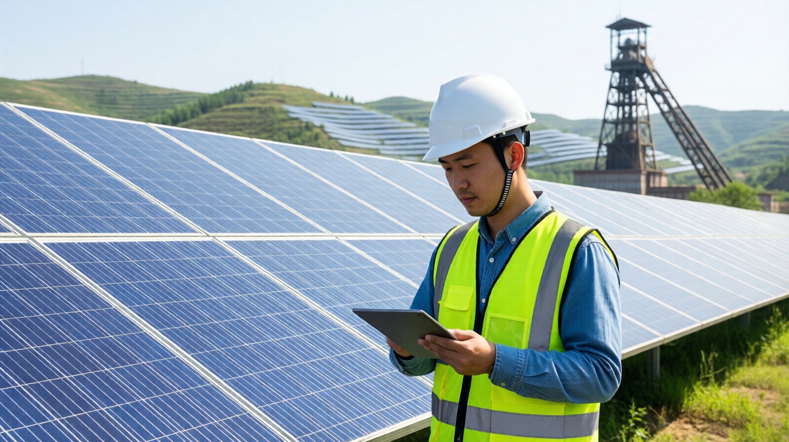 Young engineer Wang Jun inspecting solar panels at a renewable energy farm in Shanxi, near a former coal mine site.