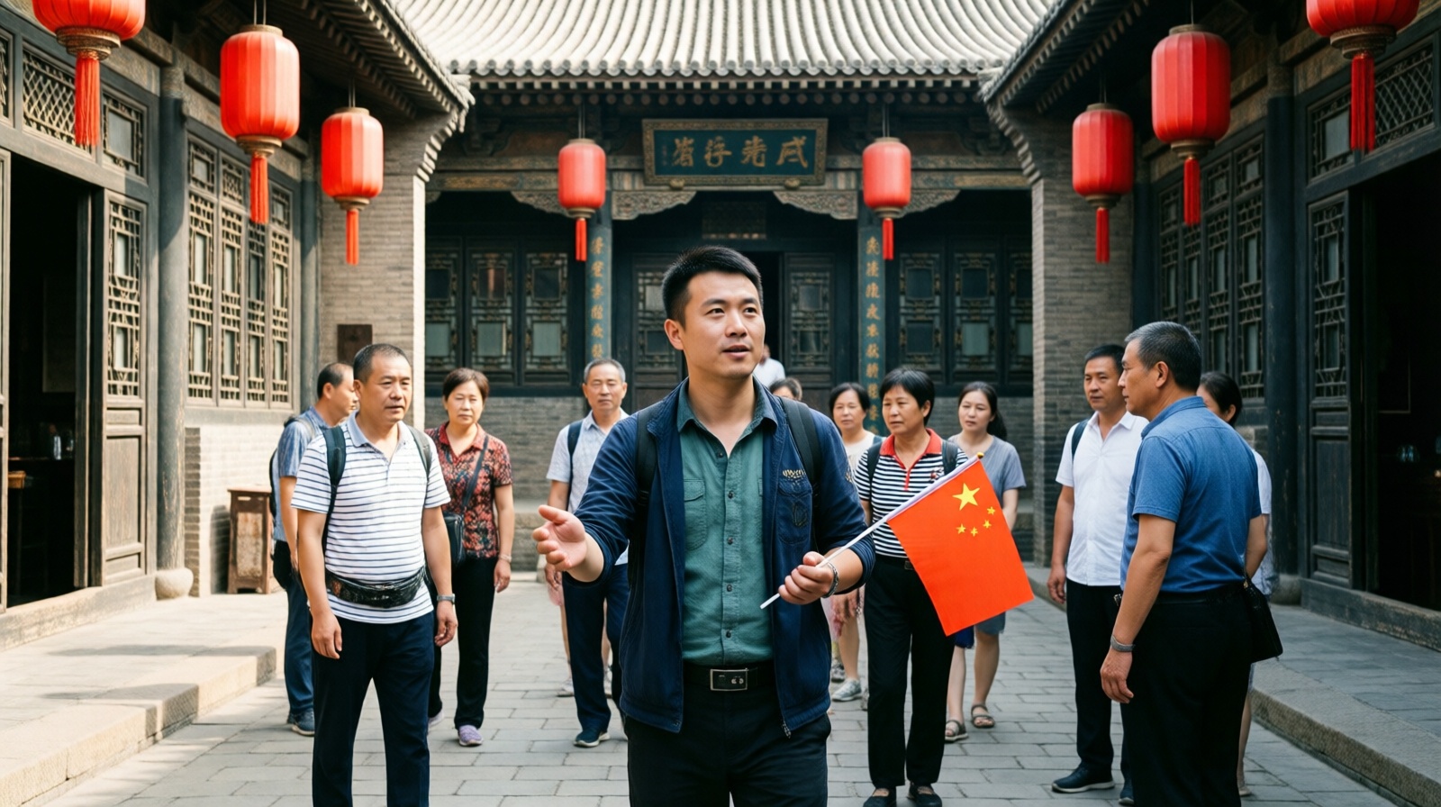 Young tour guide leading visitors through a restored courtyard in Pingyao Ancient Town, Shanxi.