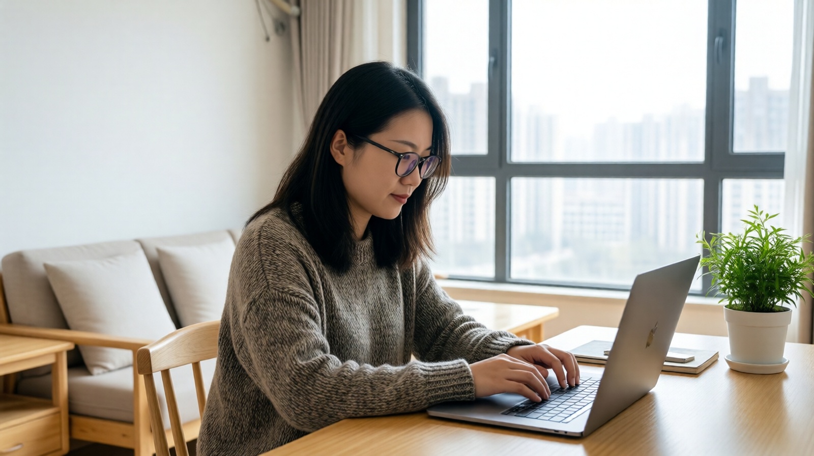 Young female software developer Li Na working remotely from her apartment in Taiyuan, Shanxi.