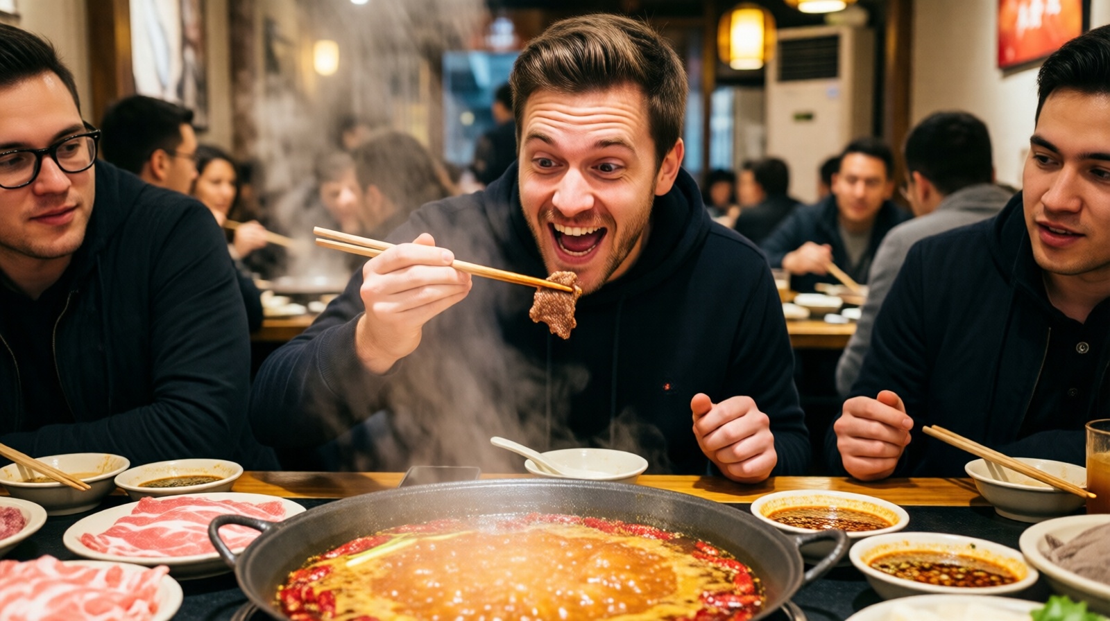 A young British man tries his first bite of Sichuan hotpot in a London restaurant, looking excited and surprised