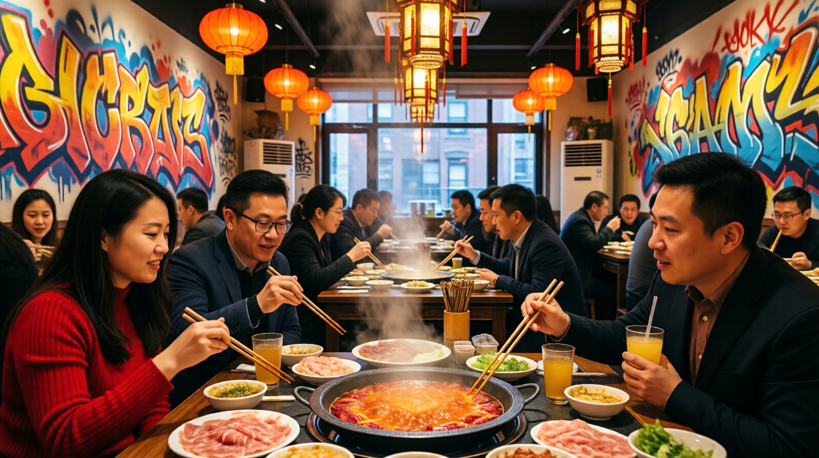 A diverse crowd of diners enjoys Sichuan hotpot at a lively restaurant in Manhattan's East Village