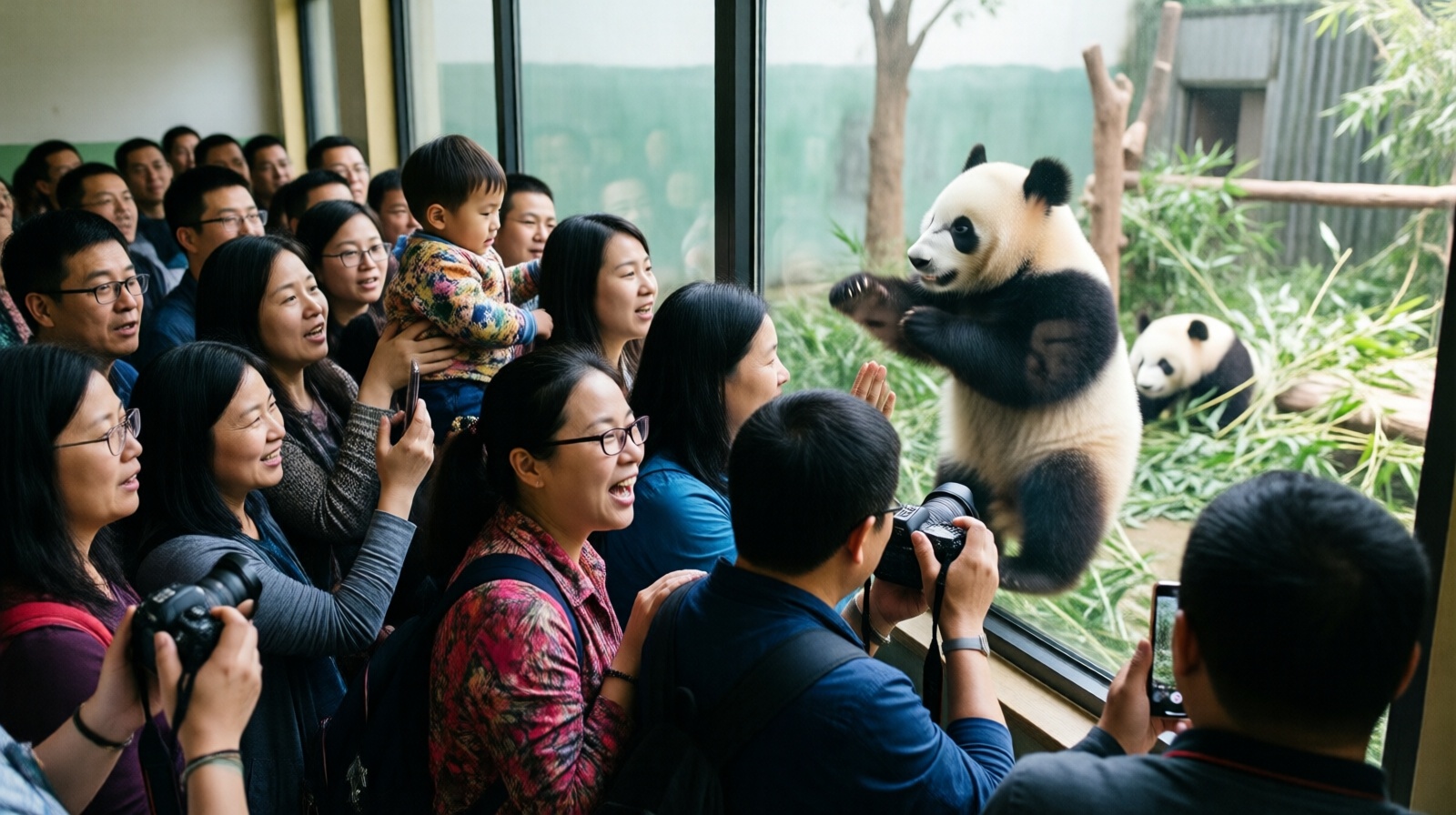 Tourists watching baby pandas through glass window at Chengdu panda breeding base