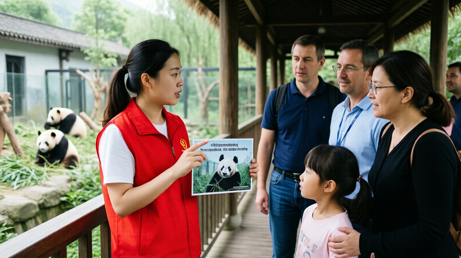 Volunteer explaining panda conservation to visitors at a panda base in Chengdu